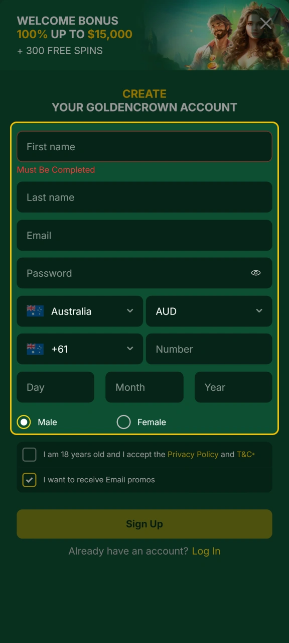 Add your information to the Golden Crown registration form.