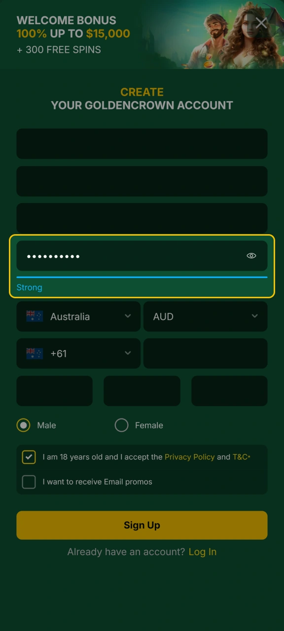 Create a strong password for your Golden Crown account.