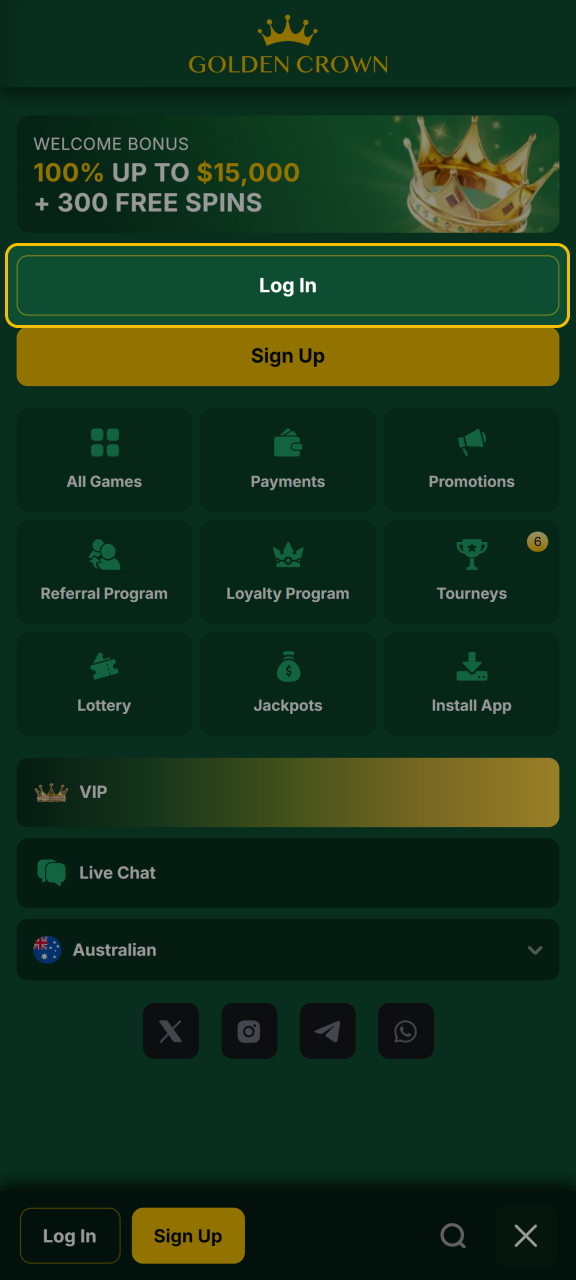 Click Log In to open the Golden Crown account login form.