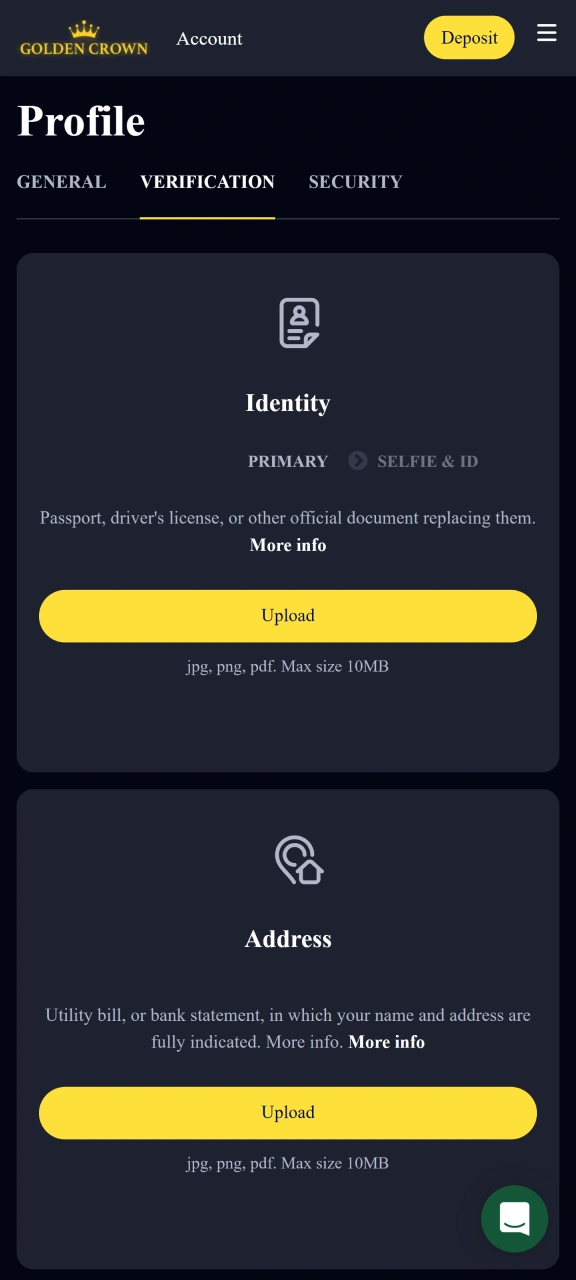 Upload your documents to verify your Golden Crown account.