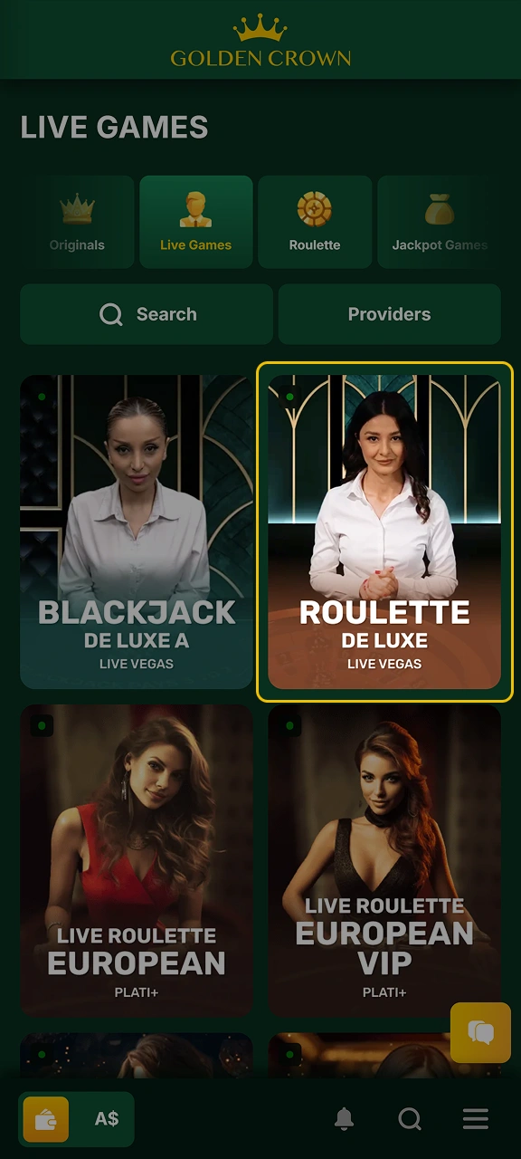 Select a game in the Live casino section at Golden Crown.