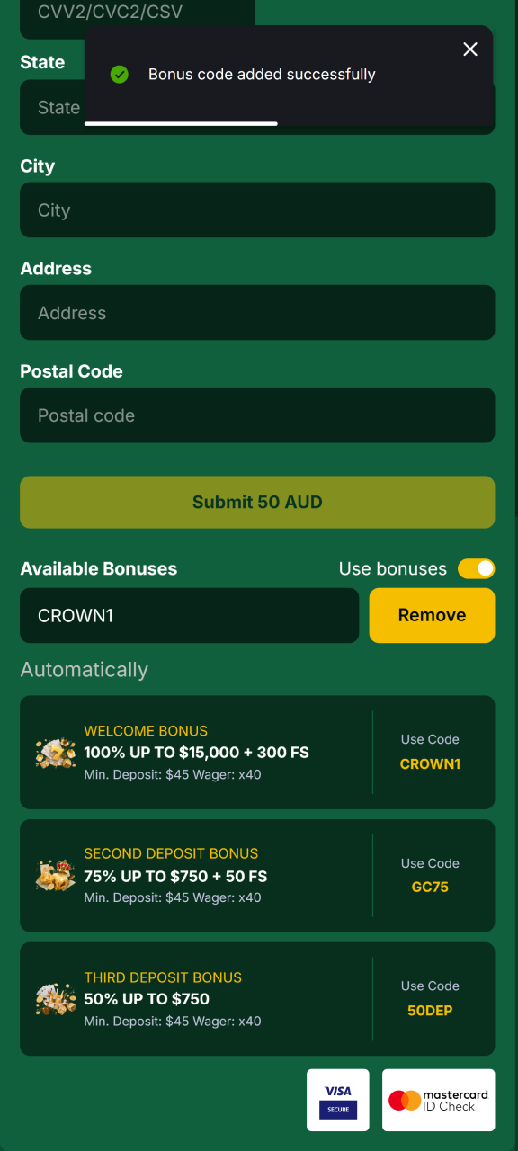 Select a welcome bonus to use in your game on the Golden Crown website.