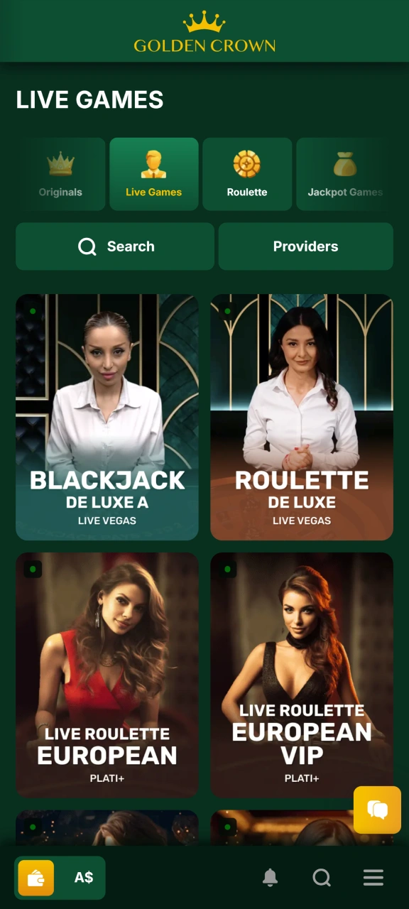 Explore the live dealer casino section on the Golden Crown platform.