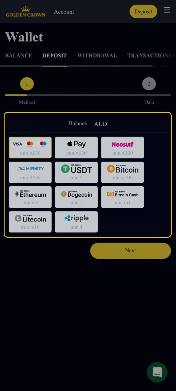 Select a method to fund your Golden Crown account.