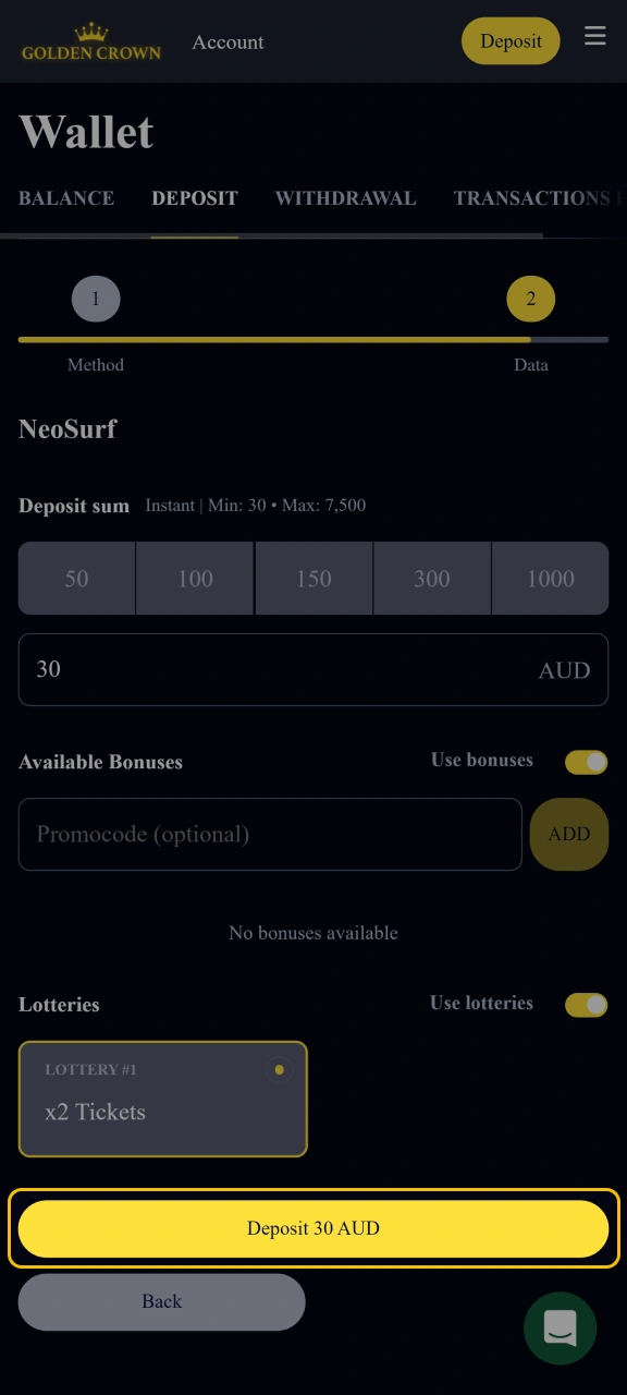 Confirm your deposit on the Golden Crown page.