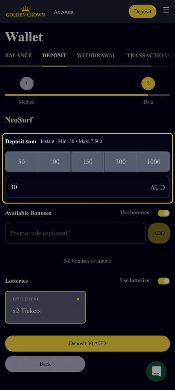 Enter the amount to top up your Golden Crown account.