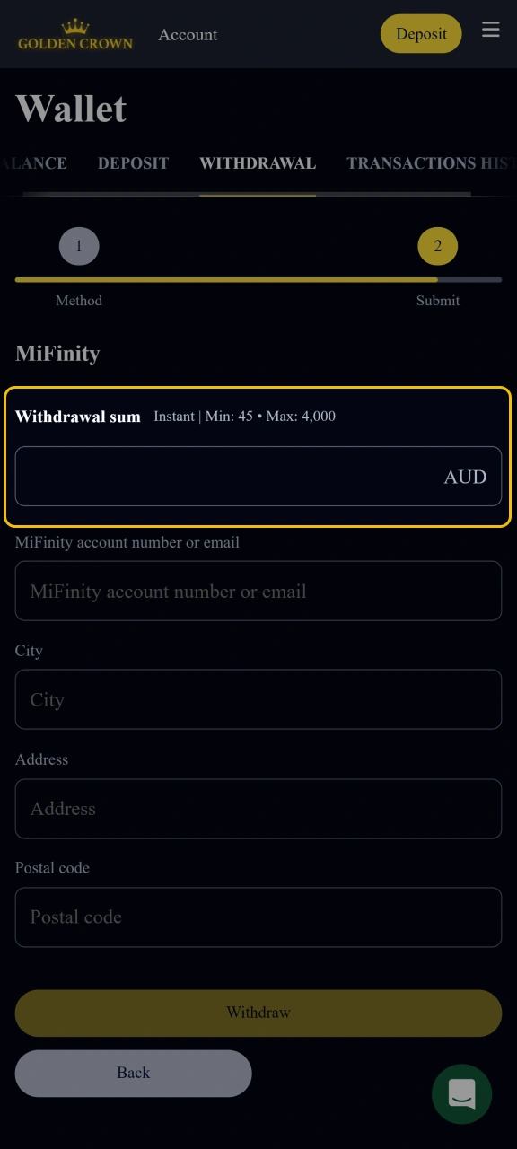 Enter the withdrawal amount from your Golden Crown account.