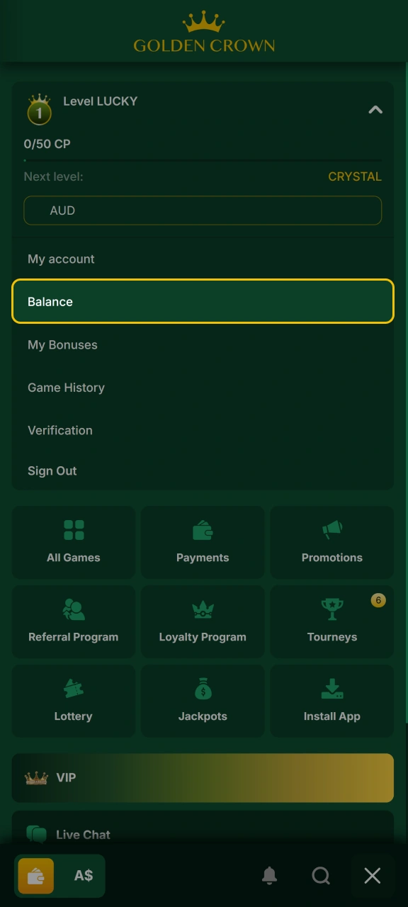 Open the deposit section through the Golden Crown menu.