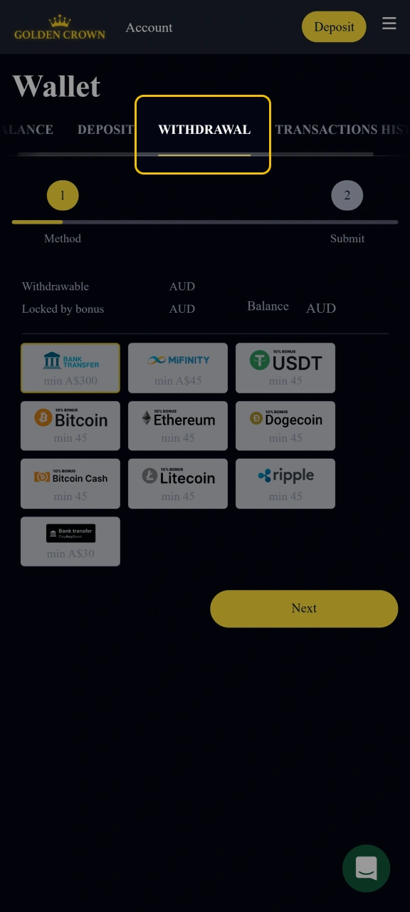 Open the Golden Crown withdrawal page.