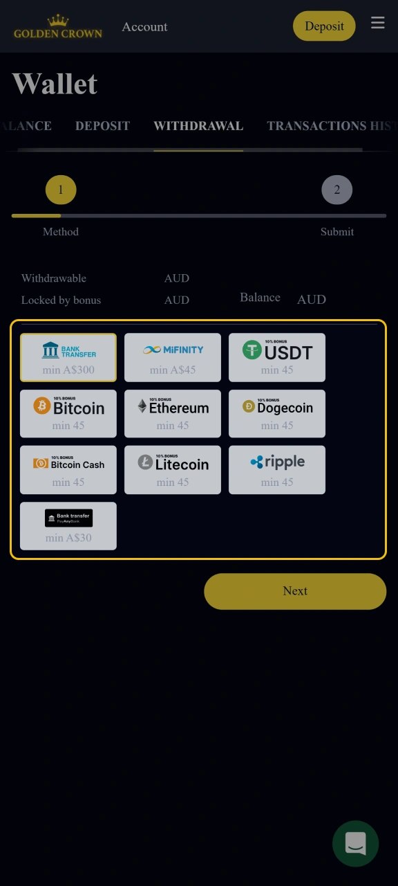 Select a withdrawal method from the Golden Crown website.