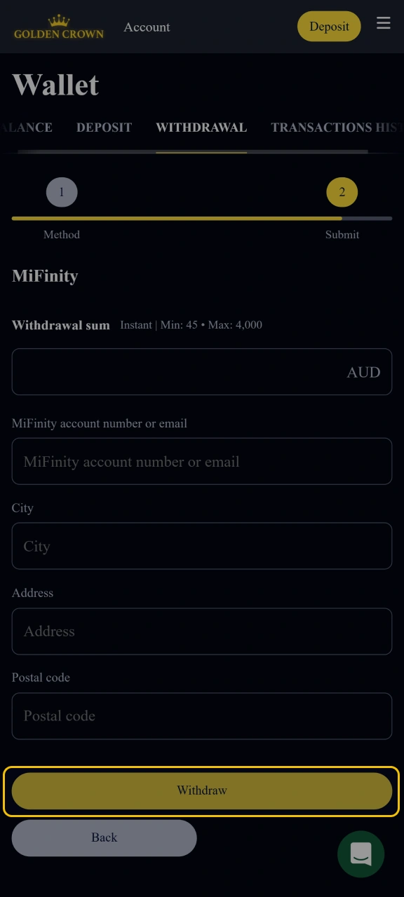 Confirm your withdrawal request on the Golden Crown website.