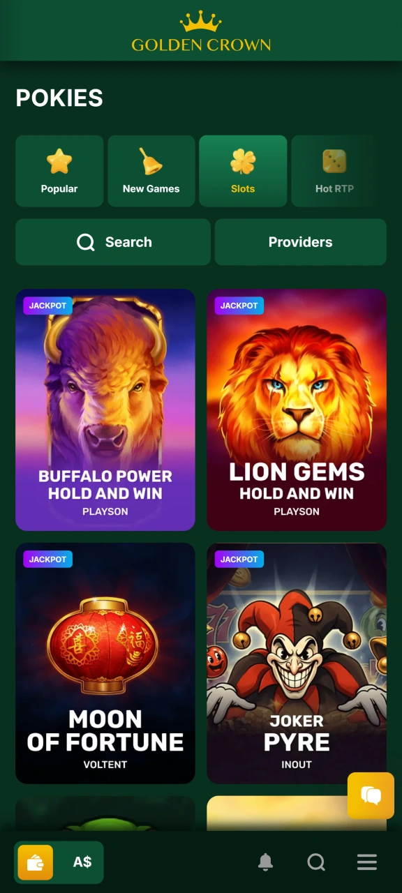Open the slots page and select a game on the Golden Crown platform.