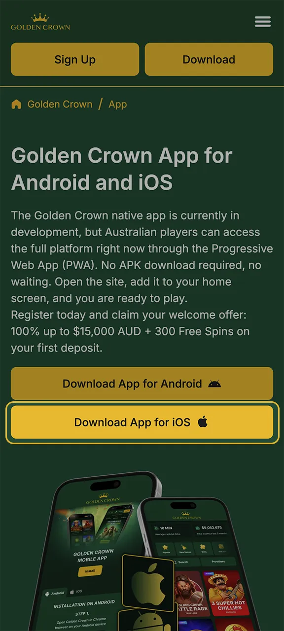 Click the Install for iOS button and proceed to installing the mobile version of Golden Crown.